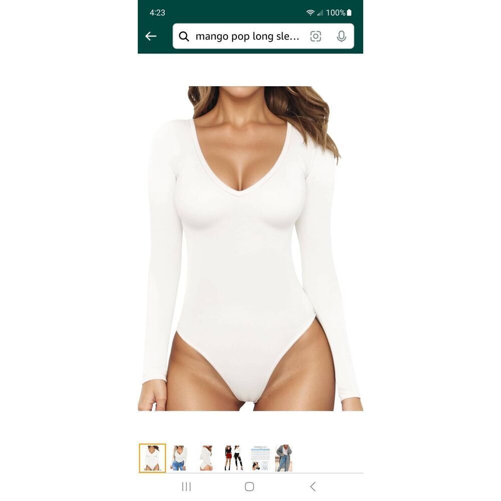 New Small Mangopop White Long Sleeve Deep VNeck Bodysuit Top Shirt One Piece NWT